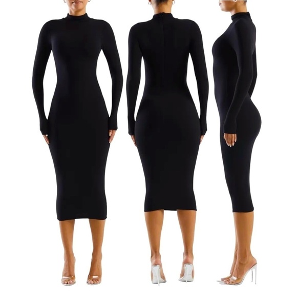 NAKED WARDROBE The Mock Neck Long Sleeve Body-Con Midi Dress Black XS - Picture 1 of 8